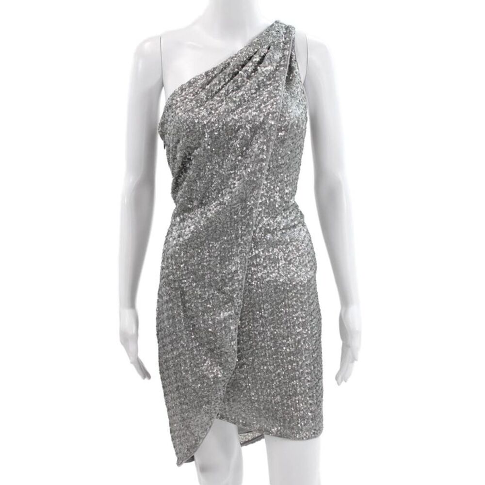 Halston Heritage Women Silver One Shoulder Mini Dress Zip Sleeveless Size 6